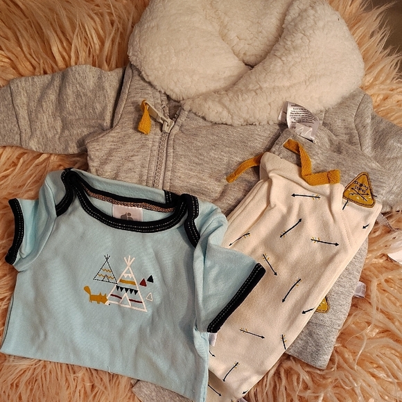 Just Born Other - Cozy Gray Zipup Jacket 3pc Baby Matching Set Blue Onesie With Pants Fox Arrows